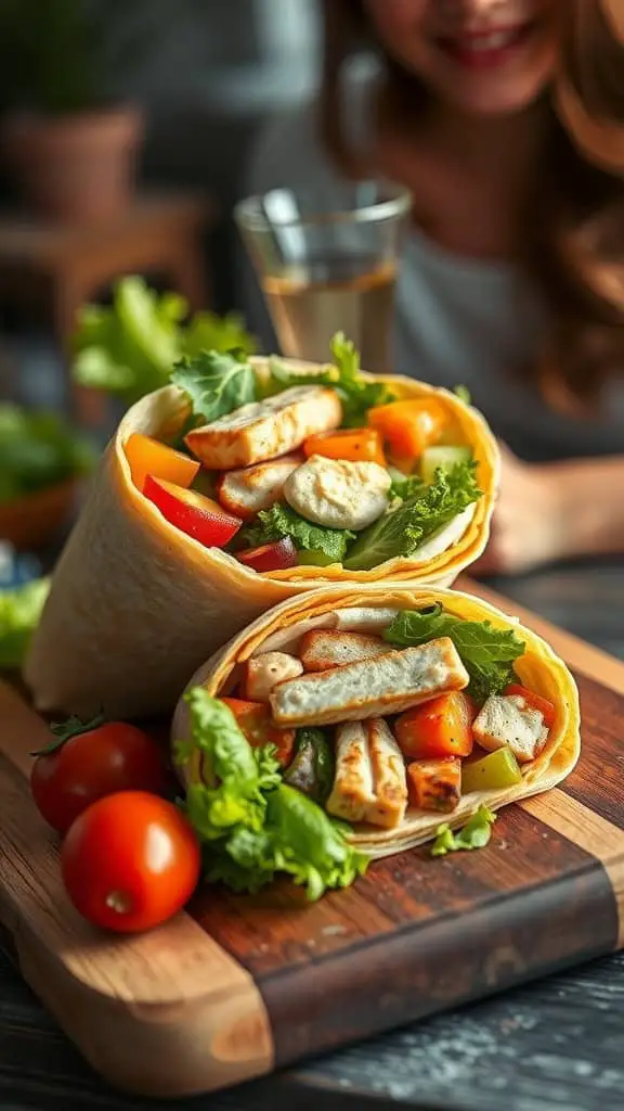 Low-calorie chicken wraps with hummus, fresh vegetables, and tomatoes on a wooden cutting board.