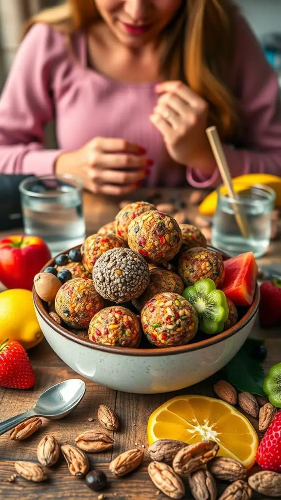 Delicious low-calorie energy balls made with chia seeds and various colorful ingredients.