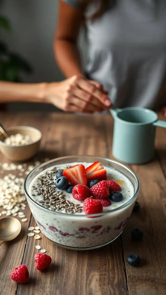 Delicious bowl of low-calorie high-protein overnight oats with chia seeds and fresh berries.