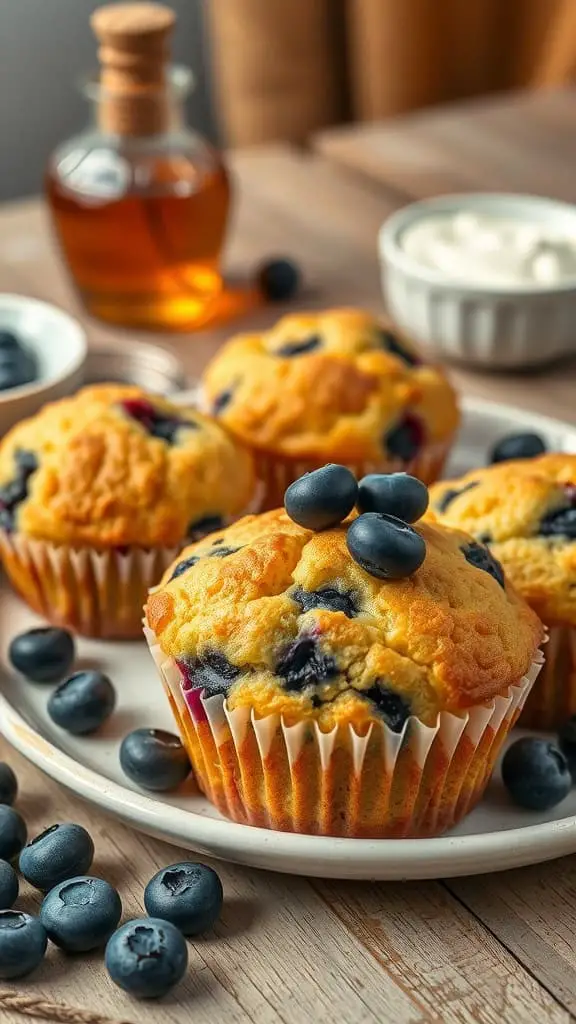 Delicious honey blueberry Greek yogurt muffins on a plate with fresh blueberries