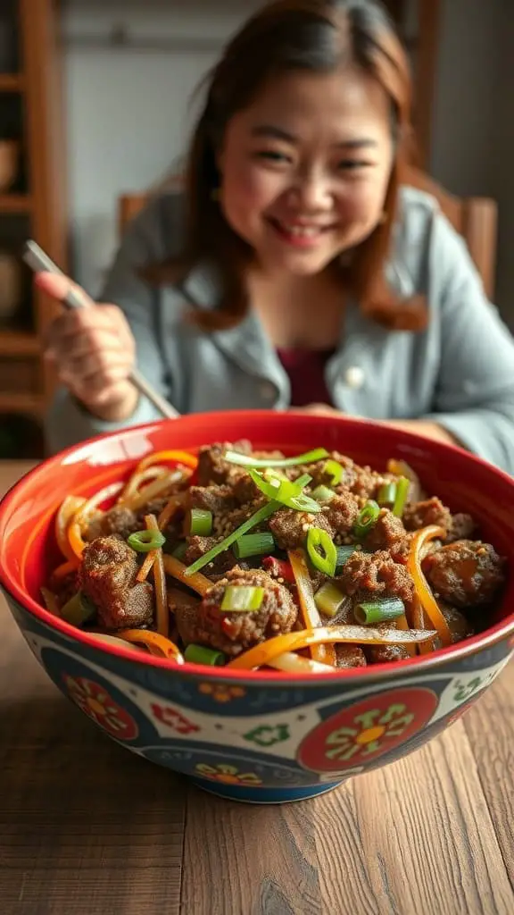 A colorful bowl of Korean ground beef and cabbage stir-fry, ready to eat.