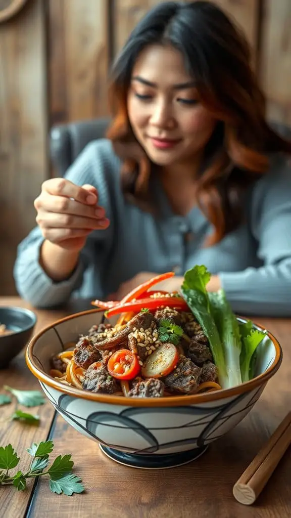 A delicious bowl of low-calorie Korean ground beef served on rice noodles with colorful veggies.