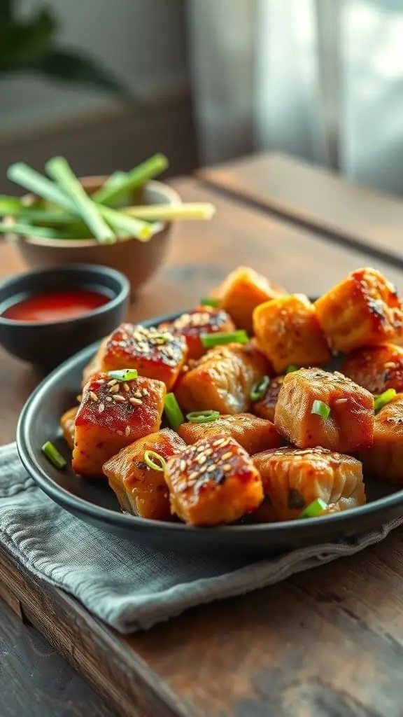 Low-calorie teriyaki salmon bites served with green onions and sesame seeds.