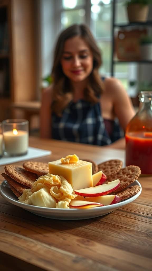 A plate with low-fat string cheese, sliced apple, and whole-grain crackers.