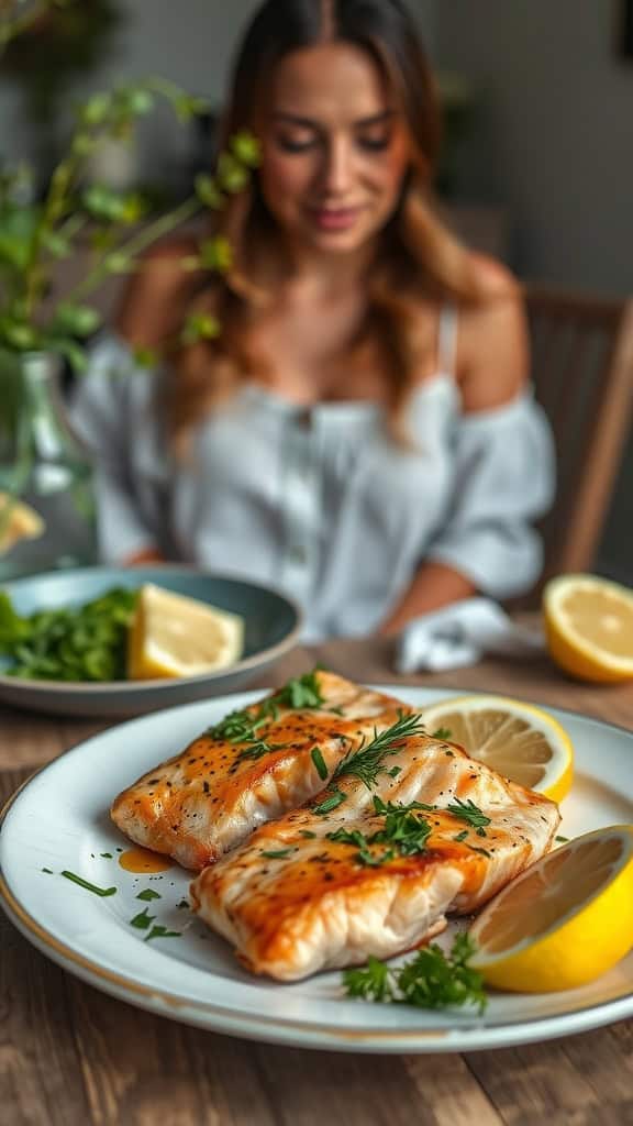 Maple Dijon Glazed Salmon Bites served with lemon and herbs.