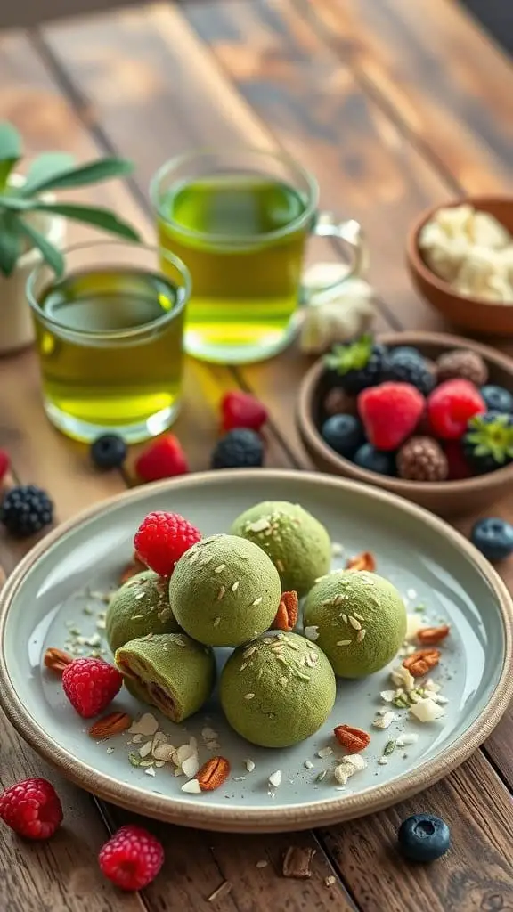 A plate of matcha energy balls garnished with berries and nuts.