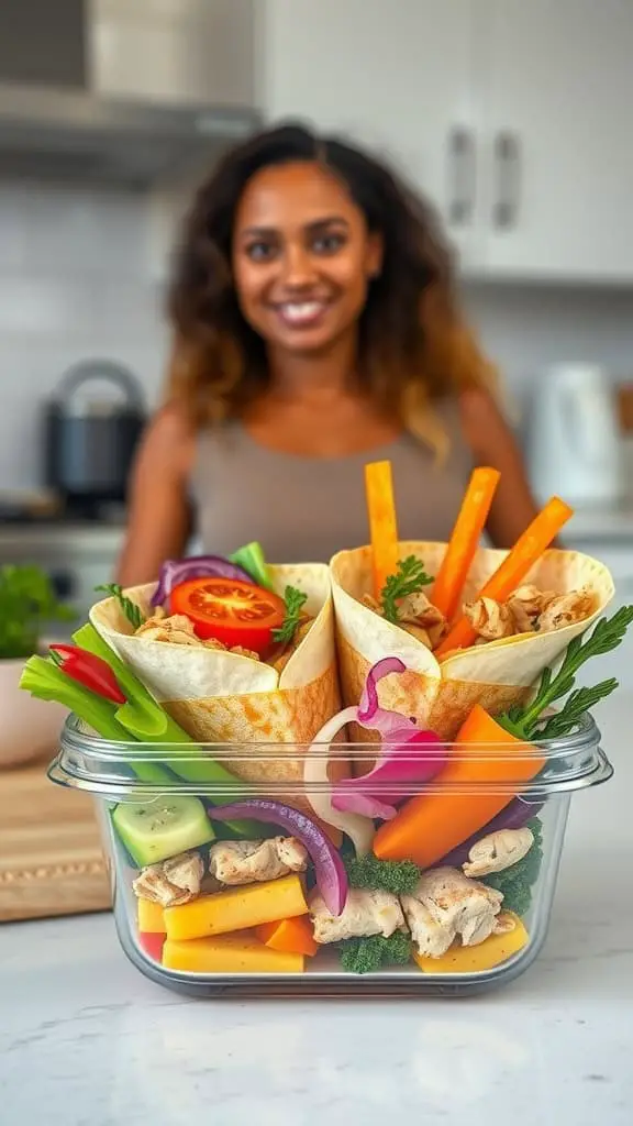 Healthy meal prep chicken wraps with colorful veggies in a clear container