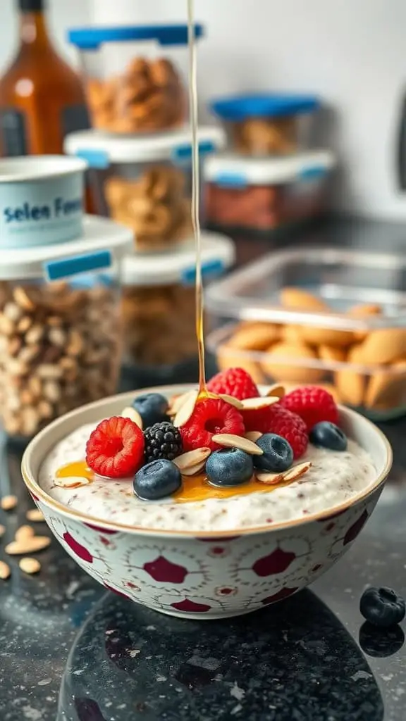 A bowl of high-protein overnight oats topped with fresh berries and almonds.