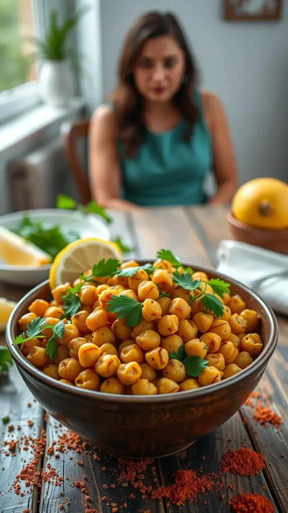 A bowl of Mediterranean roasted chickpeas garnished with fresh herbs and spices.