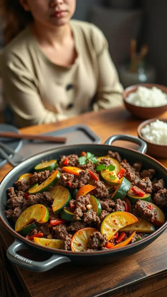 A skillet filled with cooked ground beef and zucchini slices.