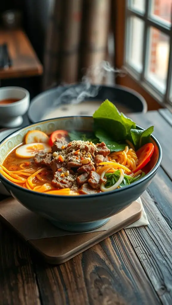 A bowl of Korean ground beef ramen with vegetables and garnishes.