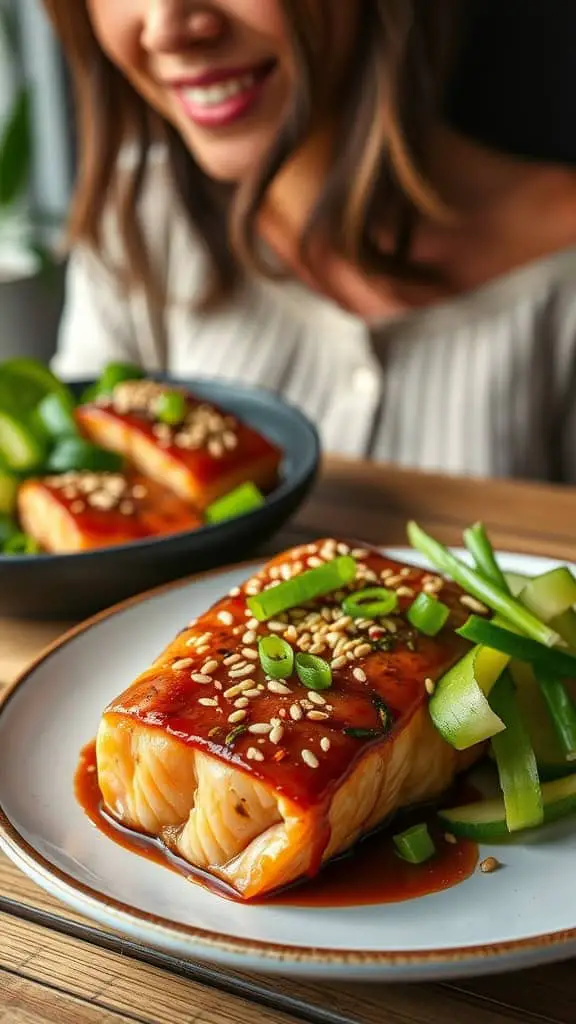 Miso glazed salmon bites served with green onions and sesame seeds