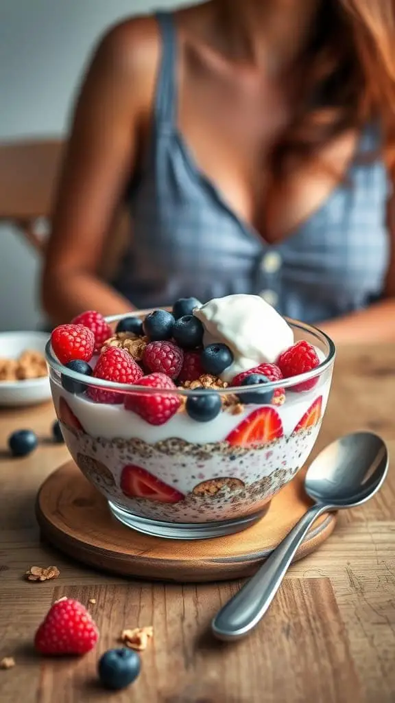 A bowl of mixed berry cheesecake overnight oats with fresh strawberries, blueberries, and raspberries, topped with creamy yogurt.