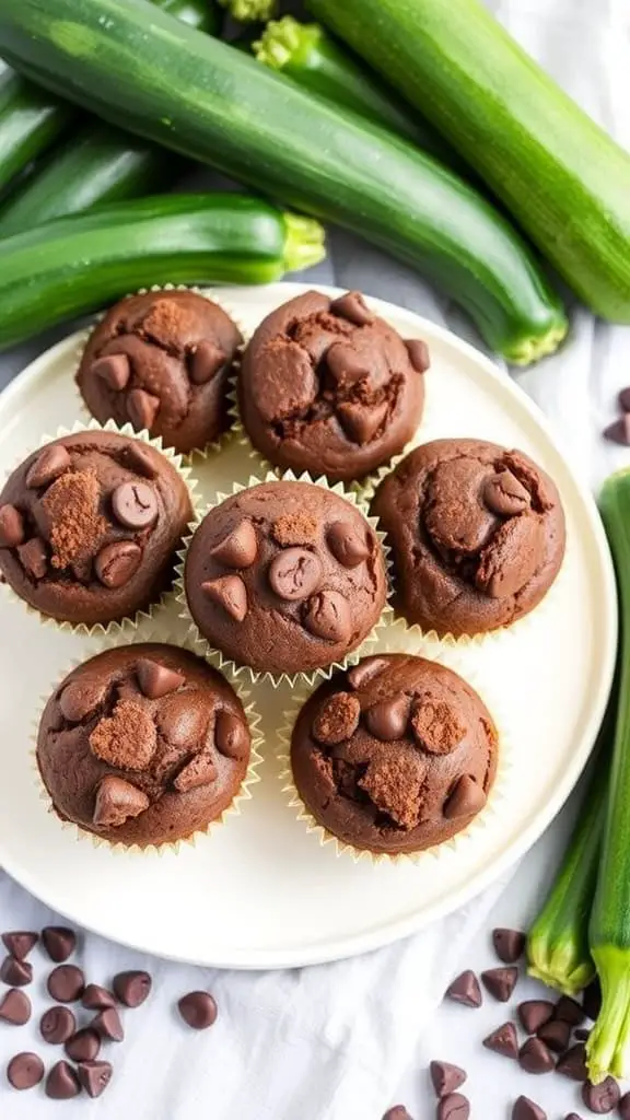 A plate of moist chocolate zucchini muffins with chocolate chips