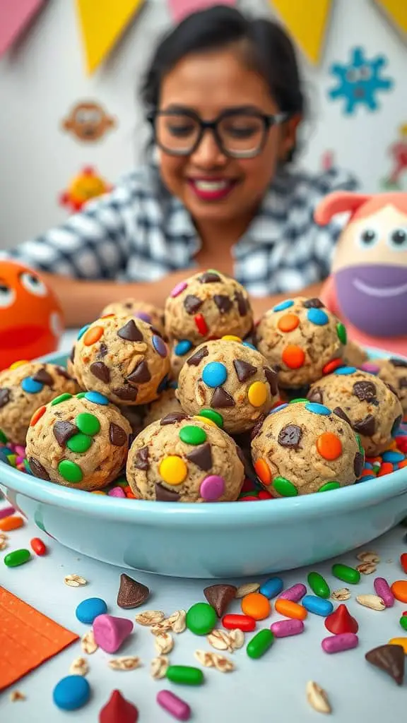 Colorful monster cookie energy balls in a bowl, surrounded by candies and oats.