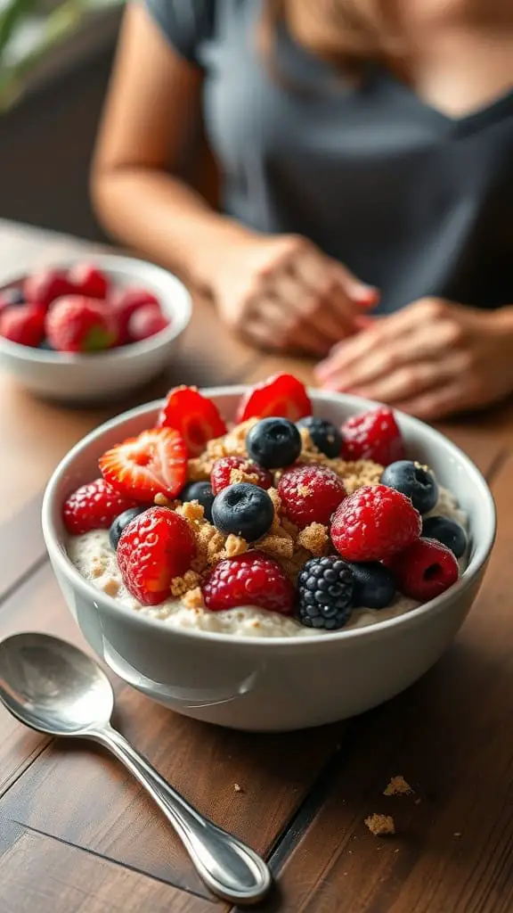 A bowl of no-bake cheesecake overnight oats topped with fresh berries and graham cracker crumbs.