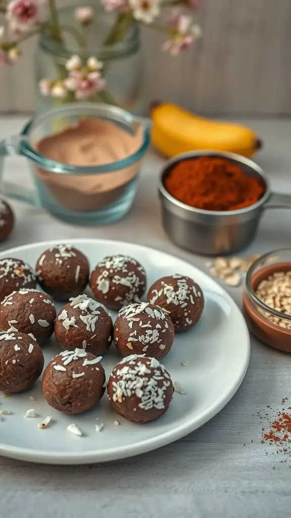 Plate of no-bake chocolate energy balls topped with shredded coconut, surrounded by ingredients like cocoa powder and nut butter.