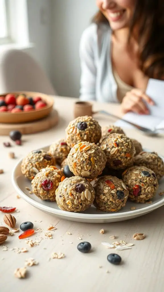 A plate of no-bake energy balls made with oats, nuts, and dried fruits.