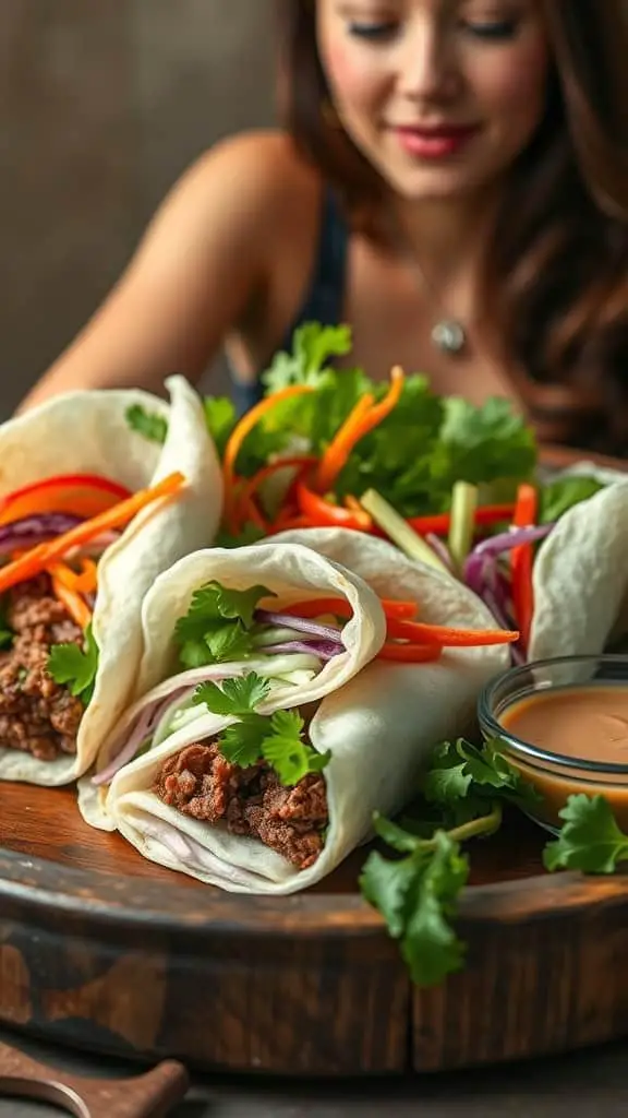 Healthy Korean ground beef wraps with fresh vegetables and sauce on a wooden platter