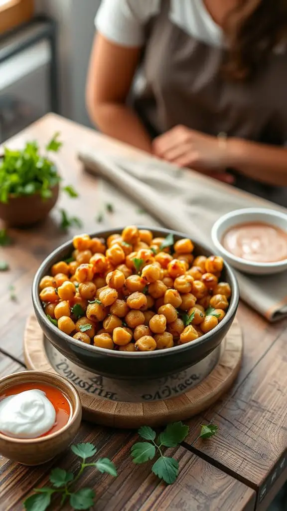 A bowl of crispy roasted chickpeas with fresh herbs on a wooden table.