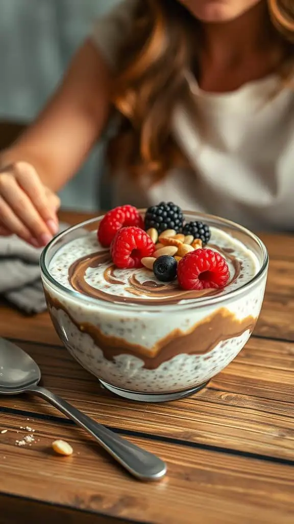 A bowl of Nutella swirl high-protein overnight oats topped with fresh berries.