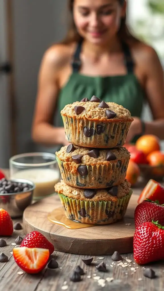 Oatmeal chocolate chip muffins stacked with strawberries and chocolate chips around