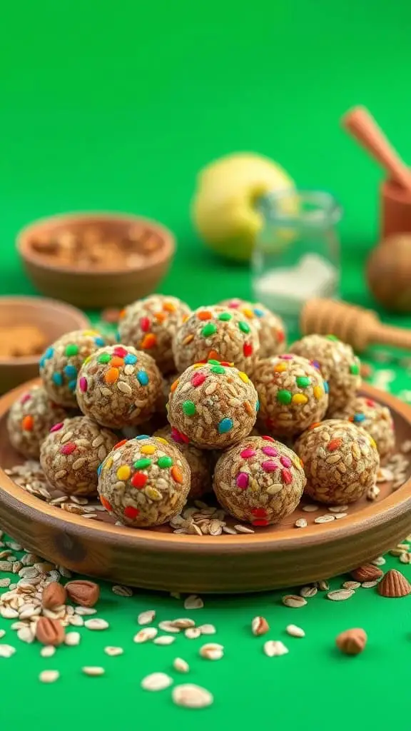 A plate of colorful oatmeal energy balls made with oats, almond butter, and chocolate chips, surrounded by ingredients like nuts and honey.