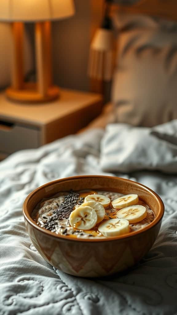 A bowl of oatmeal topped with banana slices and chia seeds, set on a bed with soft bedding.