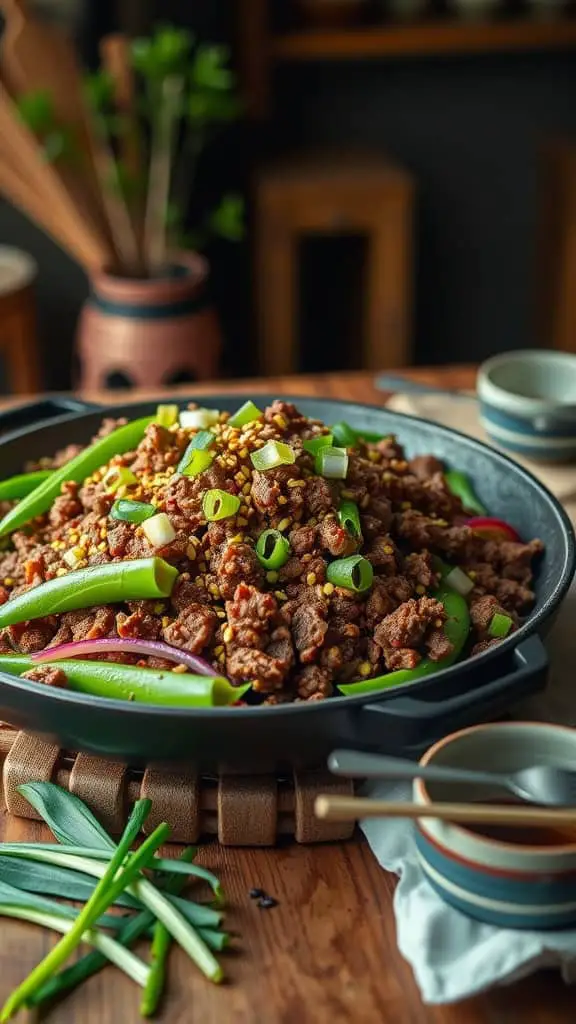 A delicious one-pan Korean ground beef with snow peas dish, garnished with green onions and sesame seeds.