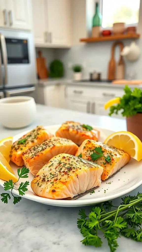 Plate of lemon garlic salmon bites garnished with parsley and lemon slices