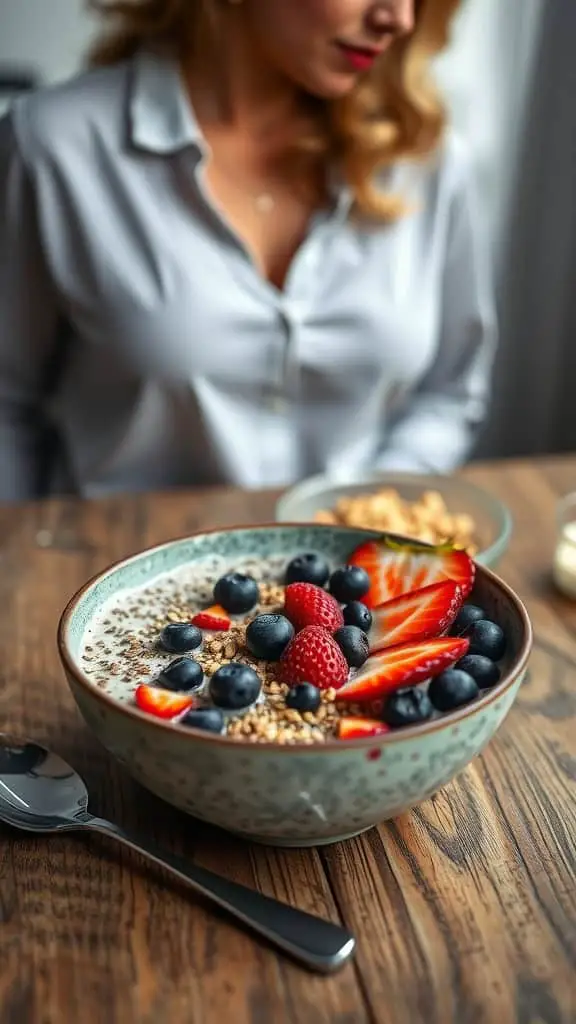 A bowl of overnight oats topped with chia seeds and fresh berries.