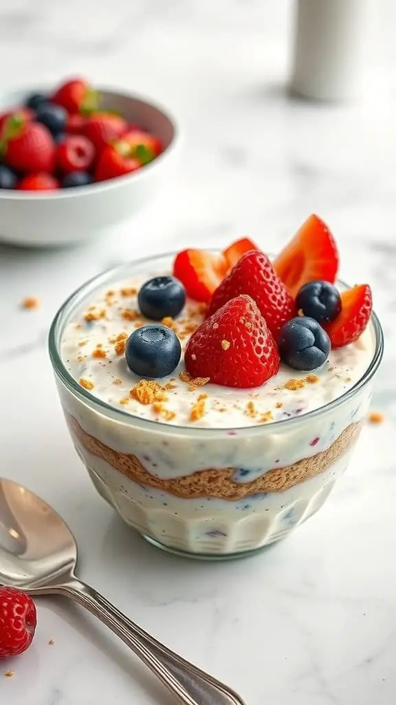 A bowl of overnight oats layered with cheesecake pudding, topped with fresh strawberries and blueberries.