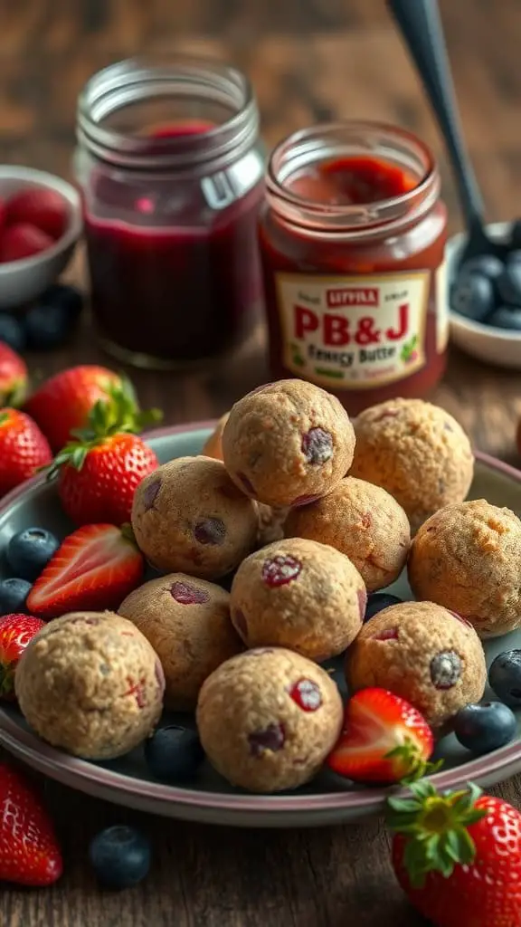 A plate of PB&J Energy Balls surrounded by fresh strawberries and blueberries.