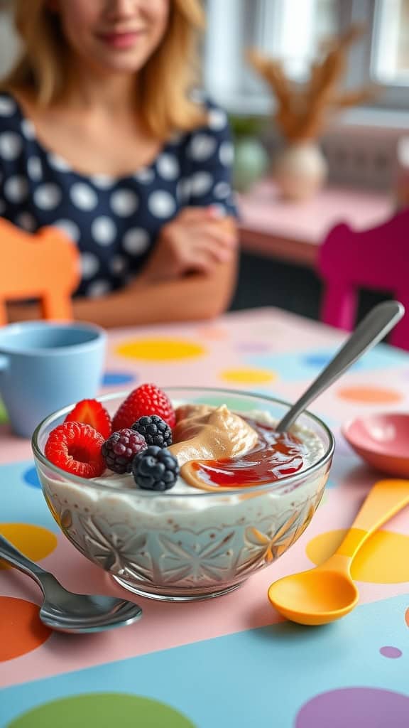 A bowl of peanut butter and jelly overnight oats topped with fresh berries