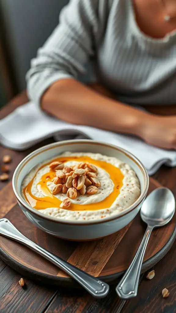 Peanut Butter Cheesecake Overnight Oats in a bowl topped with peanuts and honey