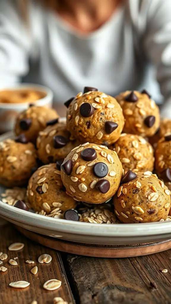 A plate of peanut butter energy balls with oats and chocolate chips