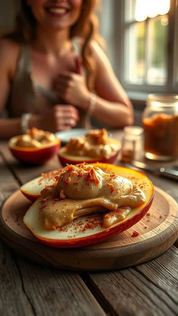 Peanut butter on apple slices served on a wooden plate