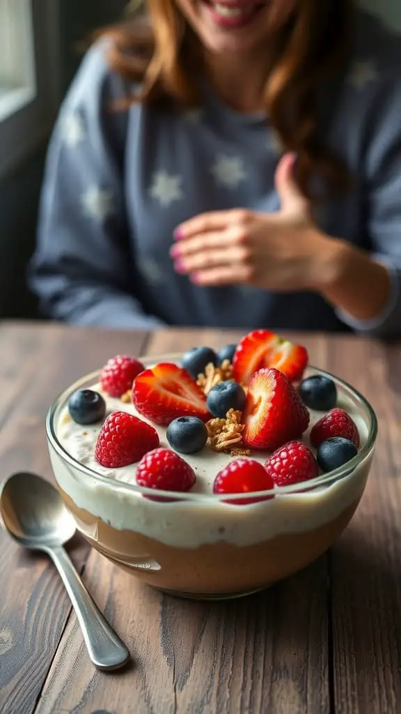 A bowl of plain cheesecake overnight oats topped with fresh berries and granola.