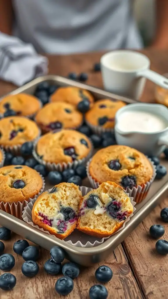 Homemade blueberry Greek yogurt muffins on a baking tray