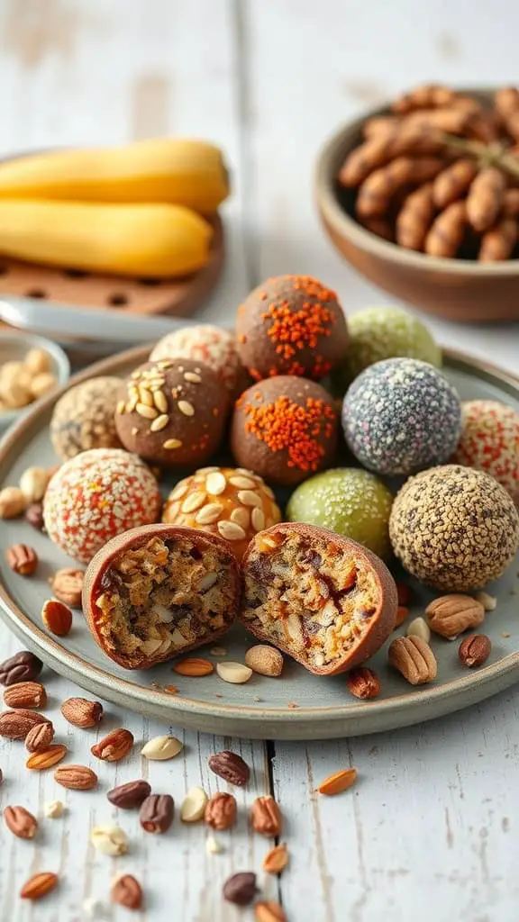 A plate of colorful protein-packed energy balls surrounded by nuts and fruits.