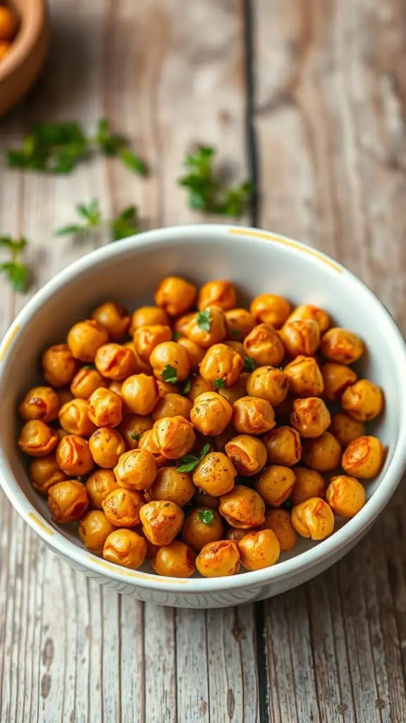 A bowl of roasted chickpeas garnished with herbs, perfect for a healthy snack.