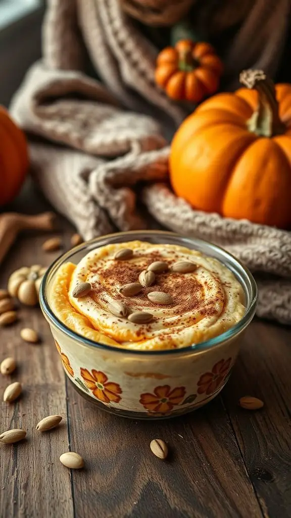 A cozy bowl of pumpkin cheesecake overnight oats topped with pumpkin seeds, perfect for a low-calorie treat.