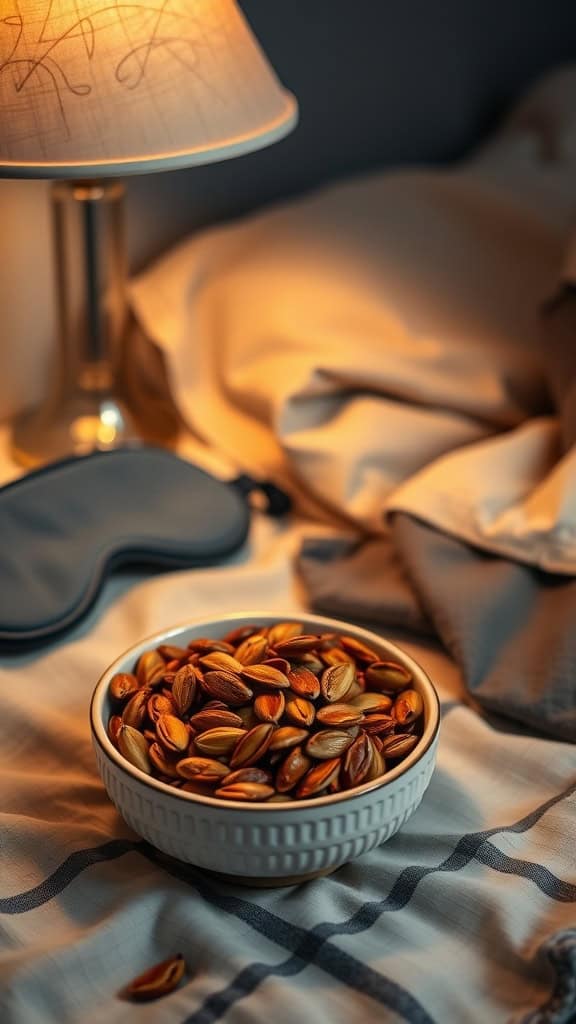 A bowl of roasted pumpkin seeds on a cozy bed, representing a healthy bedtime snack.