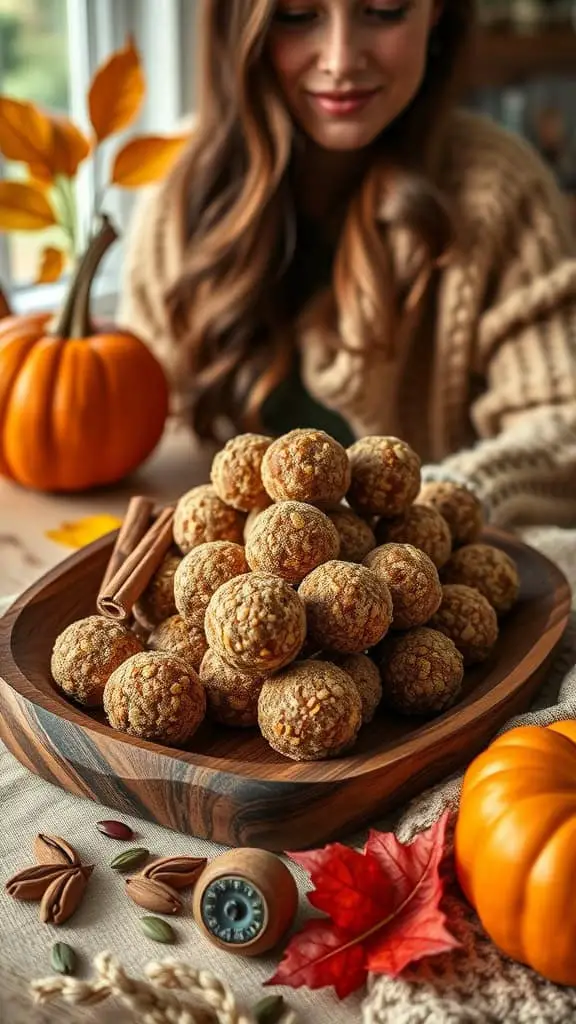 A cozy display of pumpkin spice energy balls in a wooden bowl, surrounded by autumn decorations.