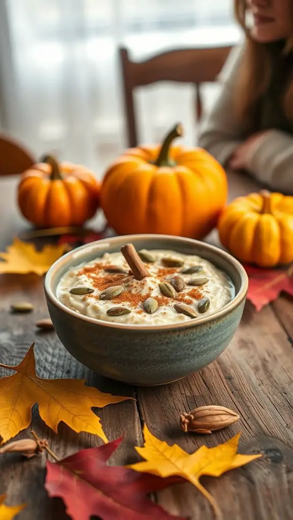 A bowl of pumpkin spice overnight oats topped with seeds and cinnamon, surrounded by fall leaves and small pumpkins.