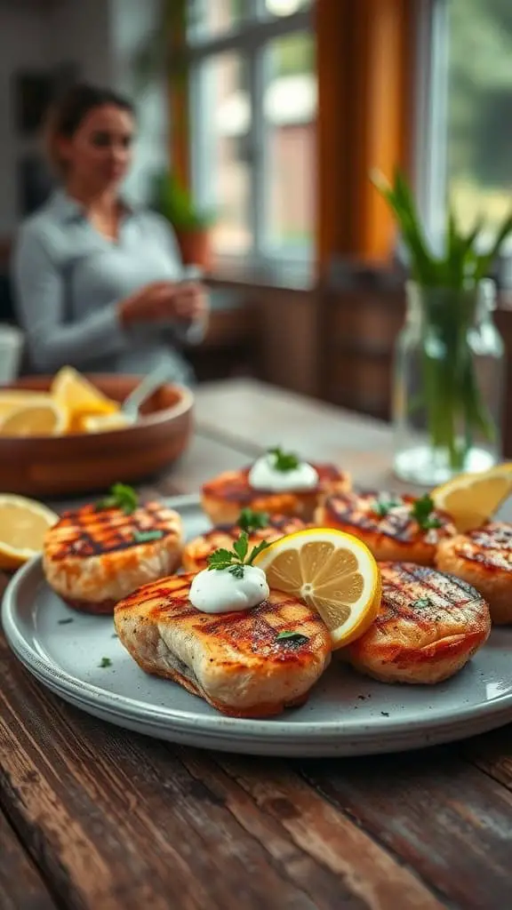 Plate of Greek yogurt salmon bites garnished with lemon and herbs