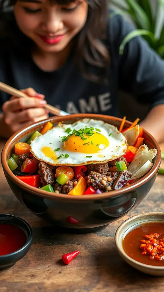 A bowl of Korean Ground Beef Bibimbap with colorful vegetables and a fried egg on top.