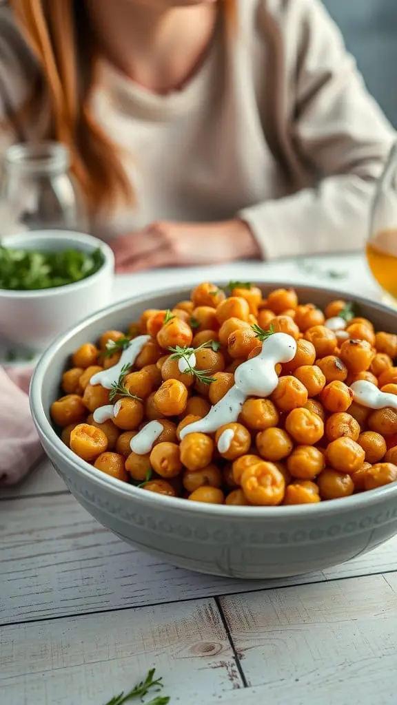 Ranch roasted chickpeas in a bowl with creamy dressing and garnished.