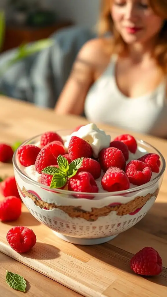 A bowl of raspberry cheesecake overnight oats topped with fresh raspberries and mint leaves.