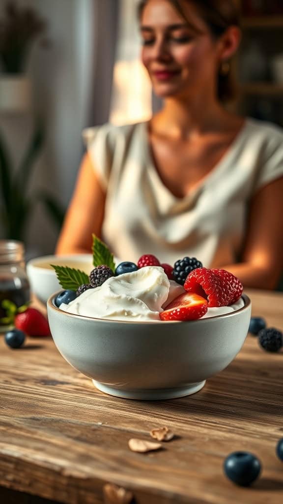 A bowl of ricotta cheese topped with mixed berries, garnished with mint leaves.